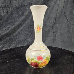 Camelot Fine Bone China Bud Vase White Gold Trim Rose Floral Painting Vintage